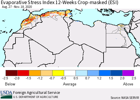 North Africa Evaporative Stress Index (ESI), 12-Weeks over Croplands Thematic Map For 11/16/2020 - 11/22/2020