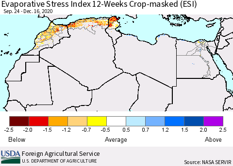 North Africa Evaporative Stress Index (ESI), 12-Weeks over Croplands Thematic Map For 12/14/2020 - 12/20/2020