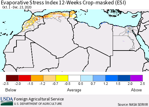 North Africa Evaporative Stress Index (ESI), 12-Weeks over Croplands Thematic Map For 12/21/2020 - 12/27/2020