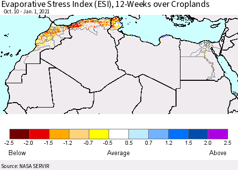 North Africa Evaporative Stress Index (ESI), 12-Weeks over Croplands Thematic Map For 12/28/2020 - 1/3/2021