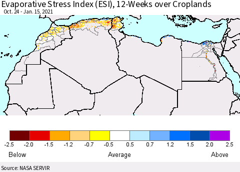 North Africa Evaporative Stress Index (ESI), 12-Weeks over Croplands Thematic Map For 1/11/2021 - 1/17/2021