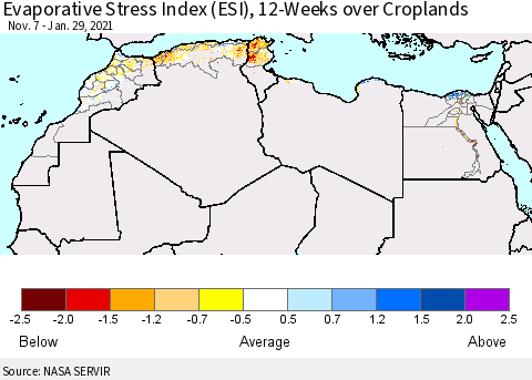 North Africa Evaporative Stress Index (ESI), 12-Weeks over Croplands Thematic Map For 1/25/2021 - 1/31/2021