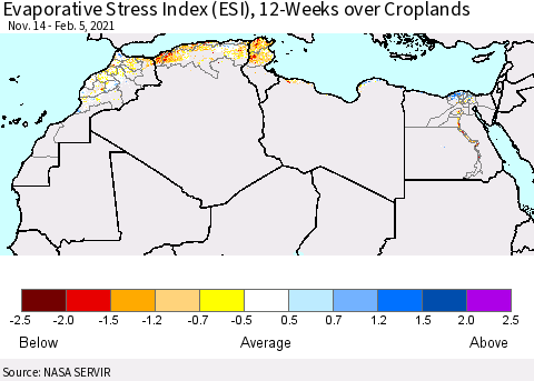 North Africa Evaporative Stress Index (ESI), 12-Weeks over Croplands Thematic Map For 2/1/2021 - 2/7/2021