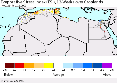 North Africa Evaporative Stress Index (ESI), 12-Weeks over Croplands Thematic Map For 2/8/2021 - 2/14/2021