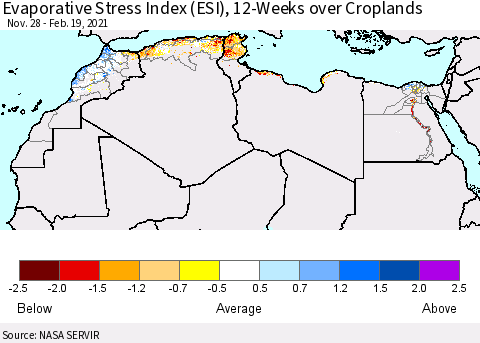 North Africa Evaporative Stress Index (ESI), 12-Weeks over Croplands Thematic Map For 2/15/2021 - 2/21/2021