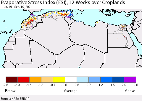 North Africa Evaporative Stress Index (ESI), 12-Weeks over Croplands Thematic Map For 9/6/2021 - 9/12/2021