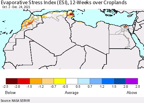 North Africa Evaporative Stress Index (ESI), 12-Weeks over Croplands Thematic Map For 12/20/2021 - 12/26/2021
