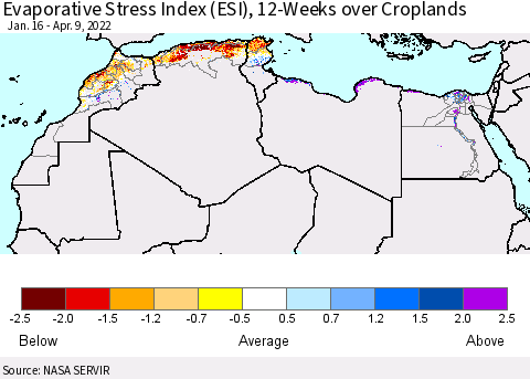 North Africa Evaporative Stress Index (ESI), 12-Weeks over Croplands Thematic Map For 4/4/2022 - 4/10/2022