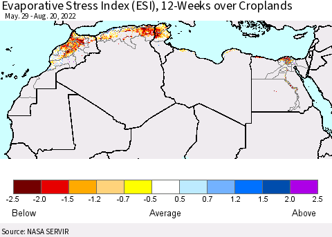 North Africa Evaporative Stress Index (ESI), 12-Weeks over Croplands Thematic Map For 8/15/2022 - 8/21/2022