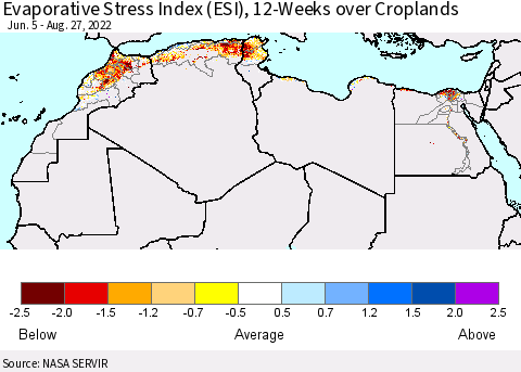 North Africa Evaporative Stress Index (ESI), 12-Weeks over Croplands Thematic Map For 8/22/2022 - 8/28/2022