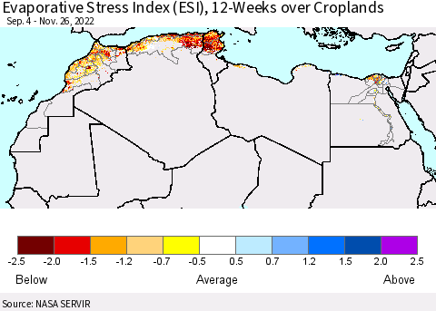 North Africa Evaporative Stress Index (ESI), 12-Weeks over Croplands Thematic Map For 11/21/2022 - 11/27/2022