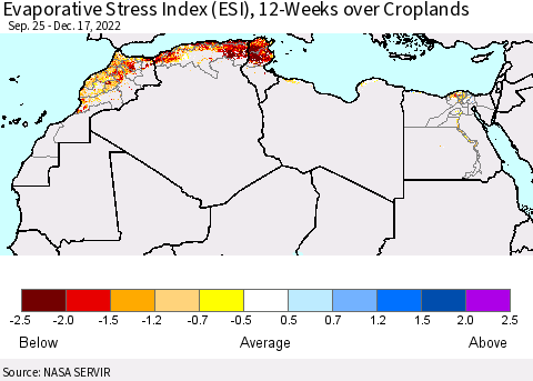 North Africa Evaporative Stress Index (ESI), 12-Weeks over Croplands Thematic Map For 12/12/2022 - 12/18/2022