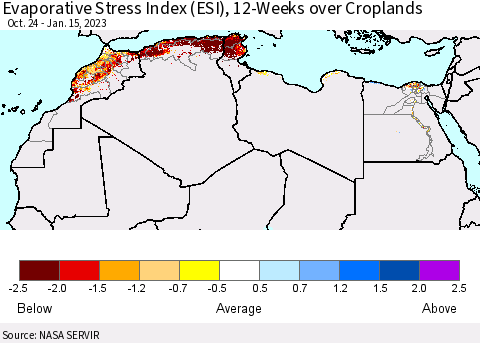 North Africa Evaporative Stress Index (ESI), 12-Weeks over Croplands Thematic Map For 1/9/2023 - 1/15/2023