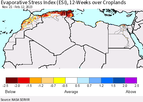 North Africa Evaporative Stress Index (ESI), 12-Weeks over Croplands Thematic Map For 2/6/2023 - 2/12/2023