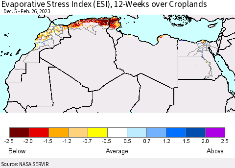 North Africa Evaporative Stress Index (ESI), 12-Weeks over Croplands Thematic Map For 2/20/2023 - 2/26/2023