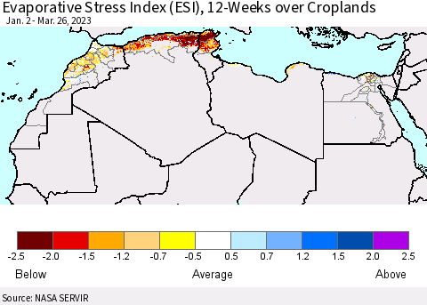 North Africa Evaporative Stress Index (ESI), 12-Weeks over Croplands Thematic Map For 3/20/2023 - 3/26/2023