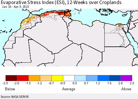 North Africa Evaporative Stress Index (ESI), 12-Weeks over Croplands Thematic Map For 4/3/2023 - 4/9/2023