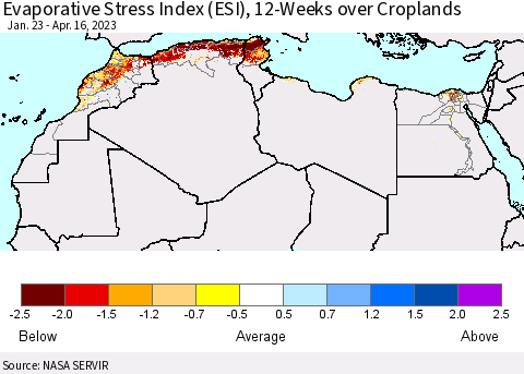 North Africa Evaporative Stress Index (ESI), 12-Weeks over Croplands Thematic Map For 4/10/2023 - 4/16/2023