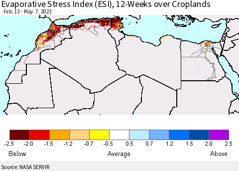 North Africa Evaporative Stress Index (ESI), 12-Weeks over Croplands Thematic Map For 5/1/2023 - 5/7/2023