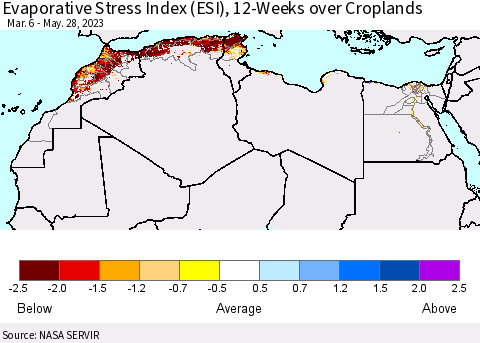 North Africa Evaporative Stress Index (ESI), 12-Weeks over Croplands Thematic Map For 5/22/2023 - 5/28/2023