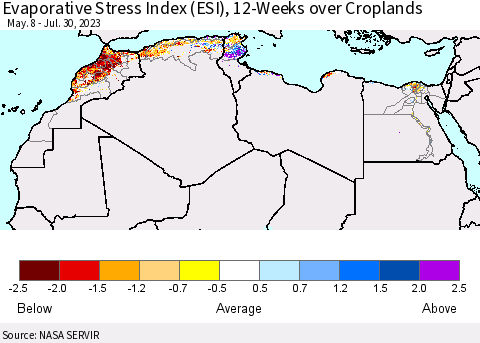 North Africa Evaporative Stress Index (ESI), 12-Weeks over Croplands Thematic Map For 7/24/2023 - 7/30/2023