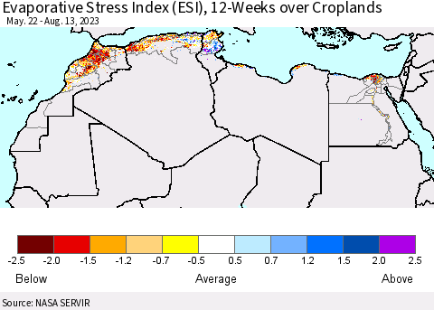 North Africa Evaporative Stress Index (ESI), 12-Weeks over Croplands Thematic Map For 8/7/2023 - 8/13/2023