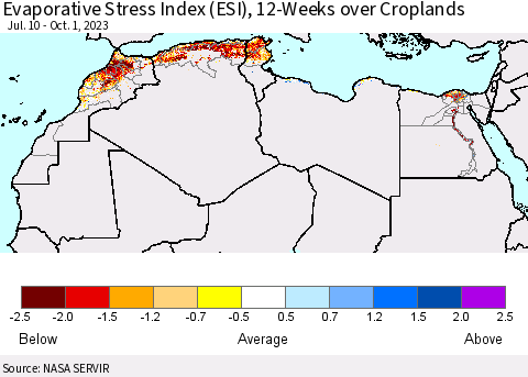 North Africa Evaporative Stress Index (ESI), 12-Weeks over Croplands Thematic Map For 9/25/2023 - 10/1/2023