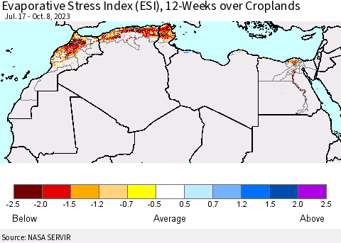 North Africa Evaporative Stress Index (ESI), 12-Weeks over Croplands Thematic Map For 10/2/2023 - 10/8/2023