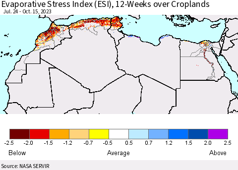 North Africa Evaporative Stress Index (ESI), 12-Weeks over Croplands Thematic Map For 10/9/2023 - 10/15/2023