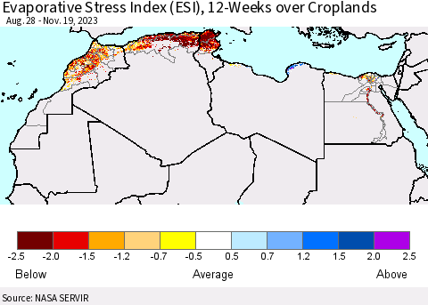 North Africa Evaporative Stress Index (ESI), 12-Weeks over Croplands Thematic Map For 11/13/2023 - 11/19/2023