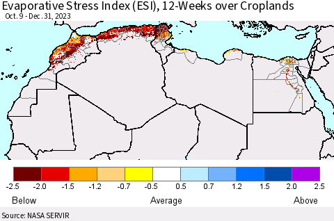 North Africa Evaporative Stress Index (ESI), 12-Weeks over Croplands Thematic Map For 1/1/2024 - 1/7/2024