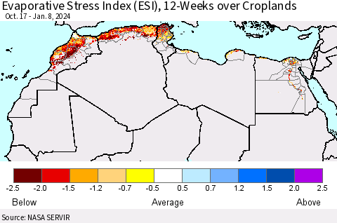 North Africa Evaporative Stress Index (ESI), 12-Weeks over Croplands Thematic Map For 1/8/2024 - 1/14/2024