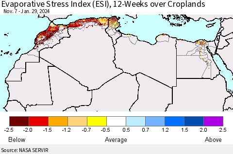 North Africa Evaporative Stress Index (ESI), 12-Weeks over Croplands Thematic Map For 1/29/2024 - 2/4/2024