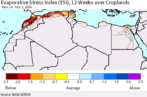 North Africa Evaporative Stress Index (ESI), 12-Weeks over Croplands Thematic Map For 2/5/2024 - 2/11/2024