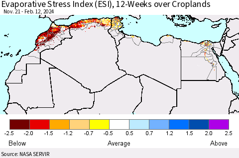 North Africa Evaporative Stress Index (ESI), 12-Weeks over Croplands Thematic Map For 2/12/2024 - 2/18/2024