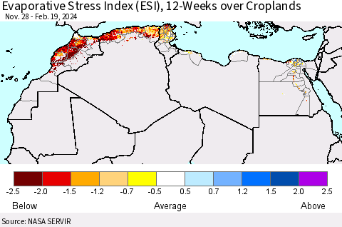 North Africa Evaporative Stress Index (ESI), 12-Weeks over Croplands Thematic Map For 2/19/2024 - 2/25/2024