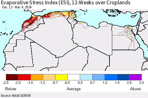 North Africa Evaporative Stress Index (ESI), 12-Weeks over Croplands Thematic Map For 3/4/2024 - 3/10/2024