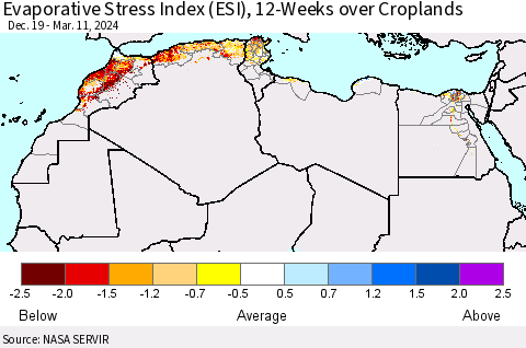 North Africa Evaporative Stress Index (ESI), 12-Weeks over Croplands Thematic Map For 3/11/2024 - 3/17/2024