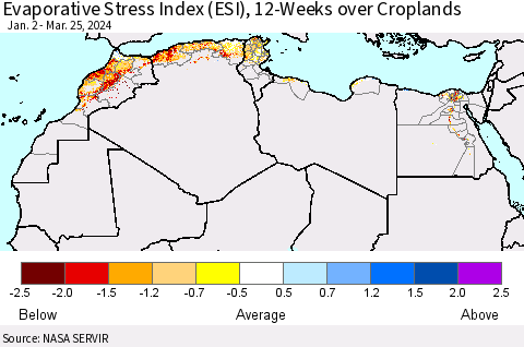 North Africa Evaporative Stress Index (ESI), 12-Weeks over Croplands Thematic Map For 3/25/2024 - 3/31/2024