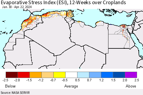 North Africa Evaporative Stress Index (ESI), 12-Weeks over Croplands Thematic Map For 4/22/2024 - 4/28/2024