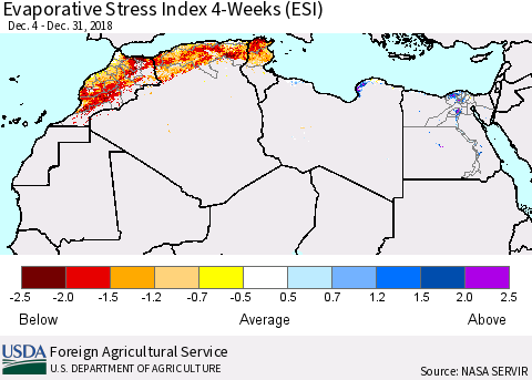 North Africa Evaporative Stress Index (ESI), 4-Weeks Thematic Map For 12/31/2018 - 1/6/2019