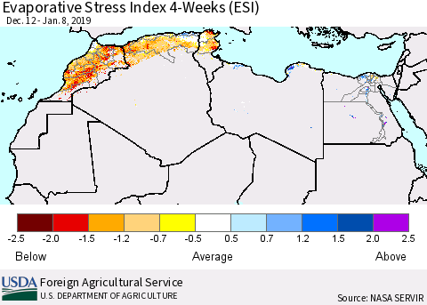 North Africa Evaporative Stress Index (ESI), 4-Weeks Thematic Map For 1/7/2019 - 1/13/2019