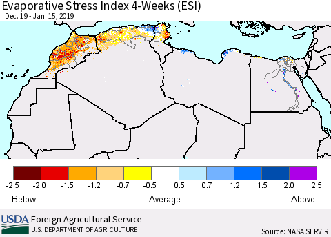 North Africa Evaporative Stress Index (ESI), 4-Weeks Thematic Map For 1/14/2019 - 1/20/2019