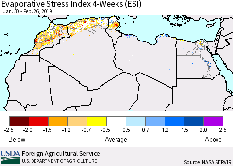 North Africa Evaporative Stress Index (ESI), 4-Weeks Thematic Map For 2/25/2019 - 3/3/2019