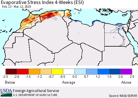 North Africa Evaporative Stress Index (ESI), 4-Weeks Thematic Map For 3/11/2019 - 3/17/2019