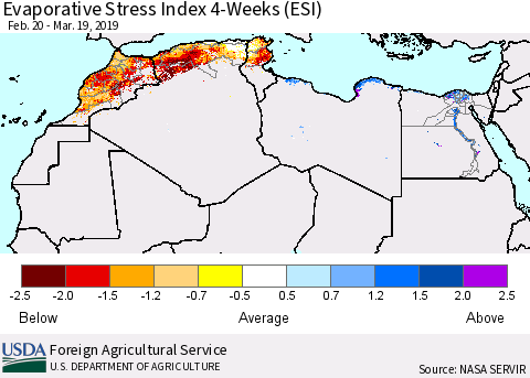 North Africa Evaporative Stress Index (ESI), 4-Weeks Thematic Map For 3/18/2019 - 3/24/2019