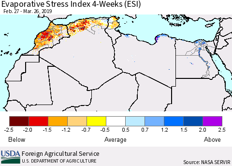 North Africa Evaporative Stress Index (ESI), 4-Weeks Thematic Map For 3/25/2019 - 3/31/2019