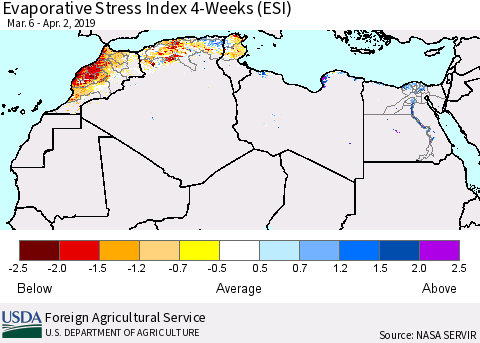 North Africa Evaporative Stress Index (ESI), 4-Weeks Thematic Map For 4/1/2019 - 4/7/2019