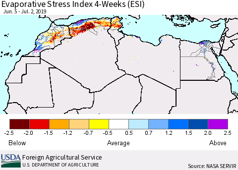 North Africa Evaporative Stress Index (ESI), 4-Weeks Thematic Map For 7/1/2019 - 7/7/2019