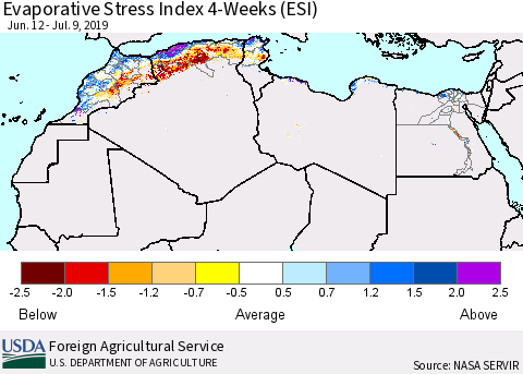North Africa Evaporative Stress Index (ESI), 4-Weeks Thematic Map For 7/8/2019 - 7/14/2019